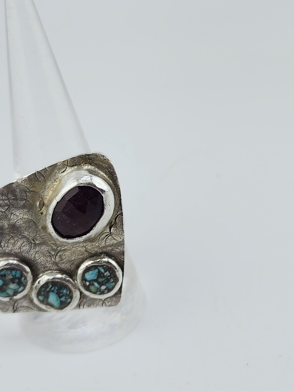 GARNET INLAY TURQUOISE HANDMADE RING IN STERLING SILVER SIZE 9.5